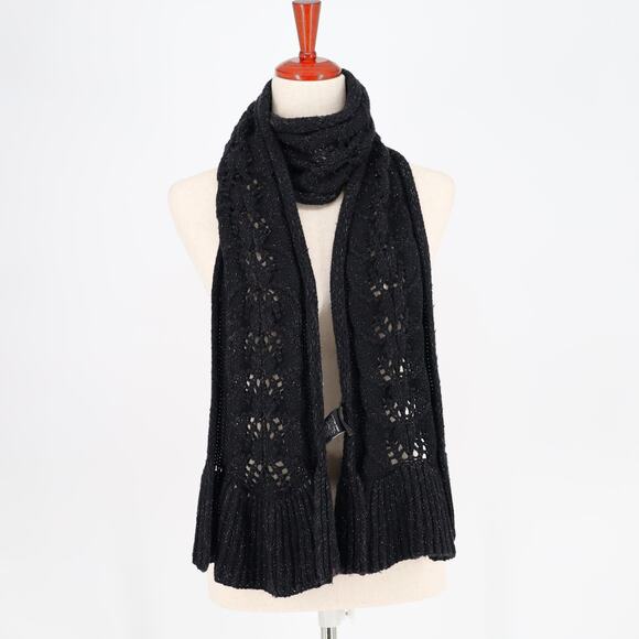 Badgley Mischka Women Black Silver Lurex Wool Blend Cable Knit Fishtail Scarf